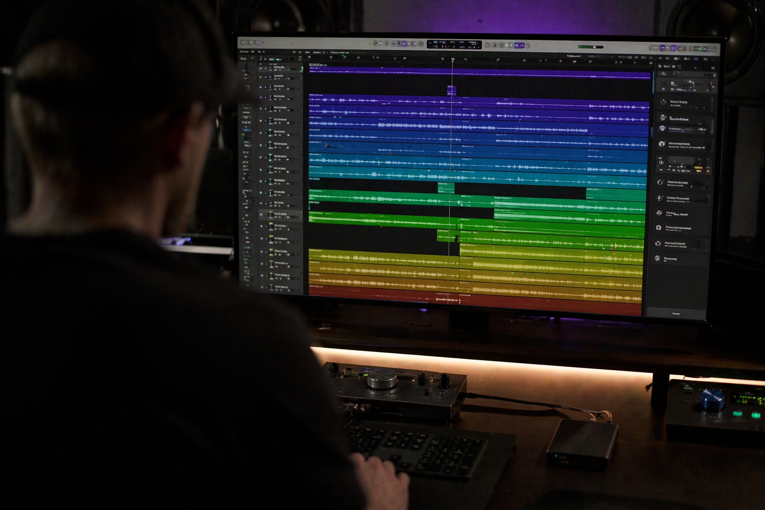 Music producer working in a digital audio workstation with many tracks